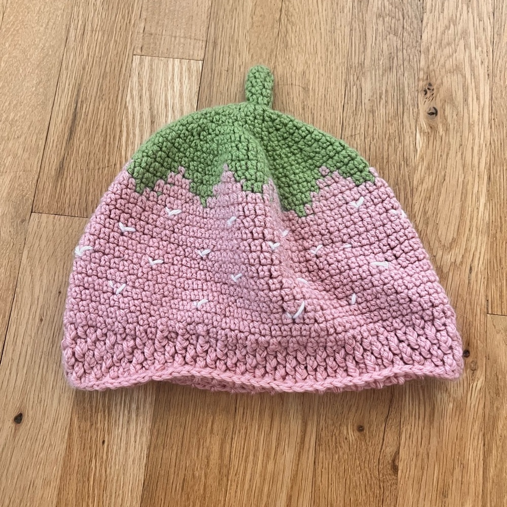 crocheted strawberry hat